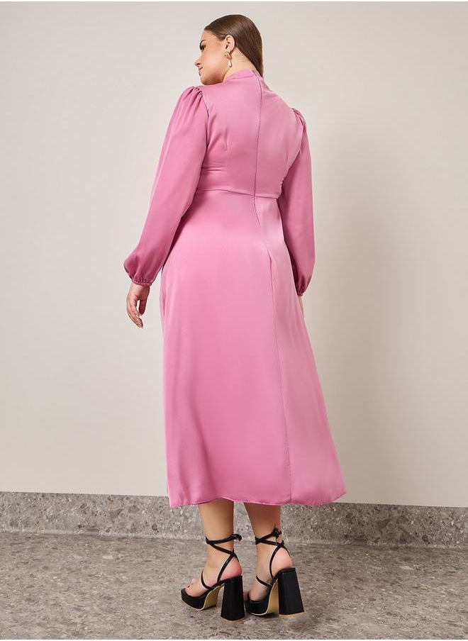 Styli - Solid Puff Sleeve A-Line Midi Dress - Image 1