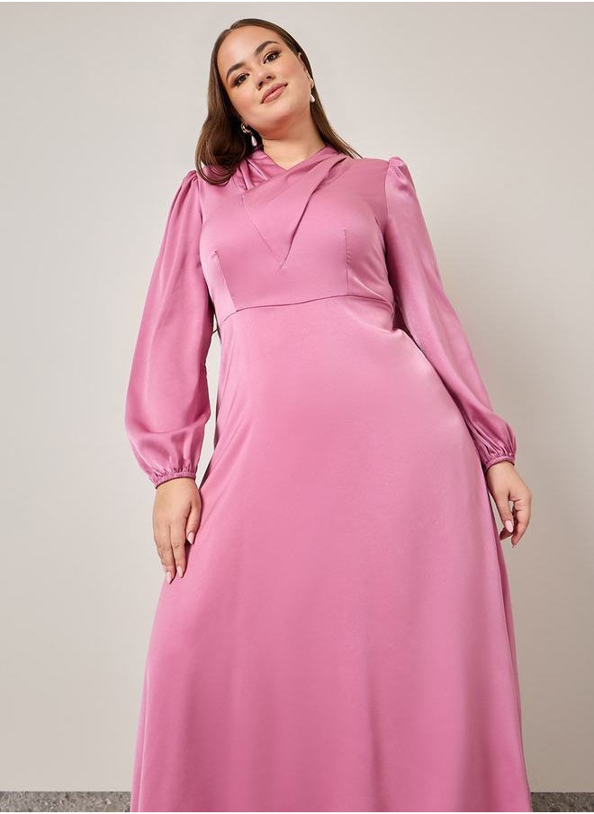Styli - Solid Puff Sleeve A-Line Midi Dress - Image 1