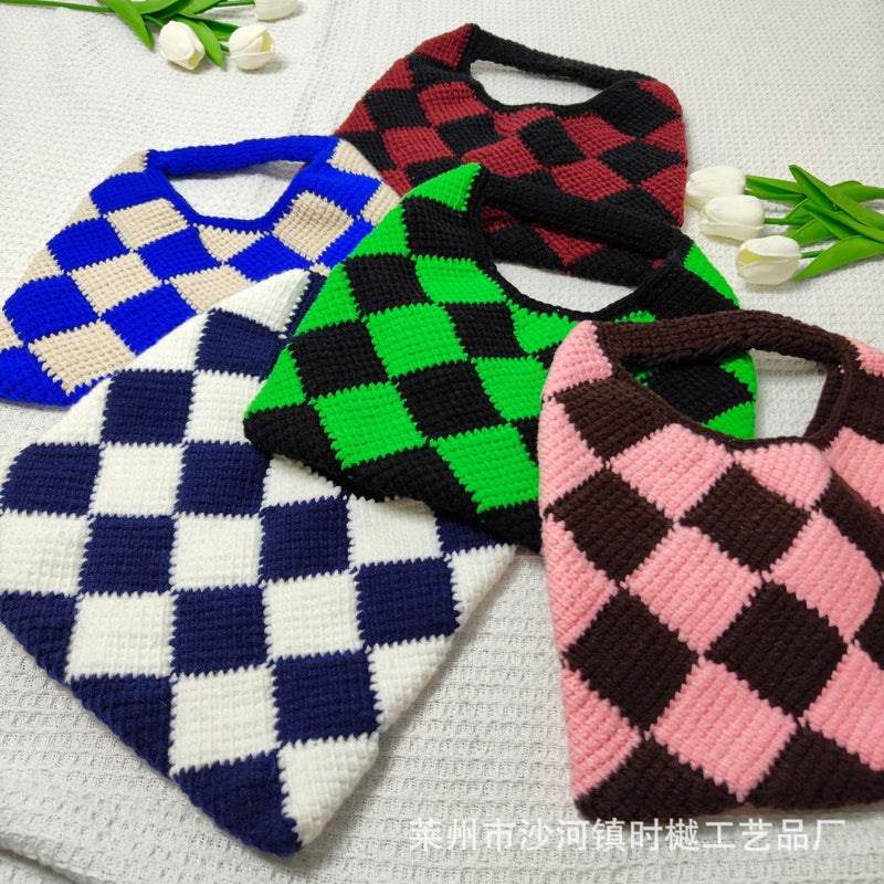 Versatile Knitted Bag Woven Bag Rhombus Wool Bag Woolen Crochet Bag Handbag Hand Bag Bag For Women - Image 2