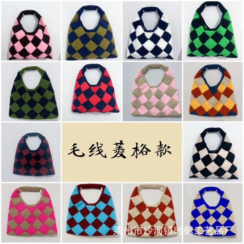 Versatile Knitted Bag Woven Bag Rhombus Wool Bag Woolen Crochet Bag Handbag Hand Bag Bag For Women - Image 3