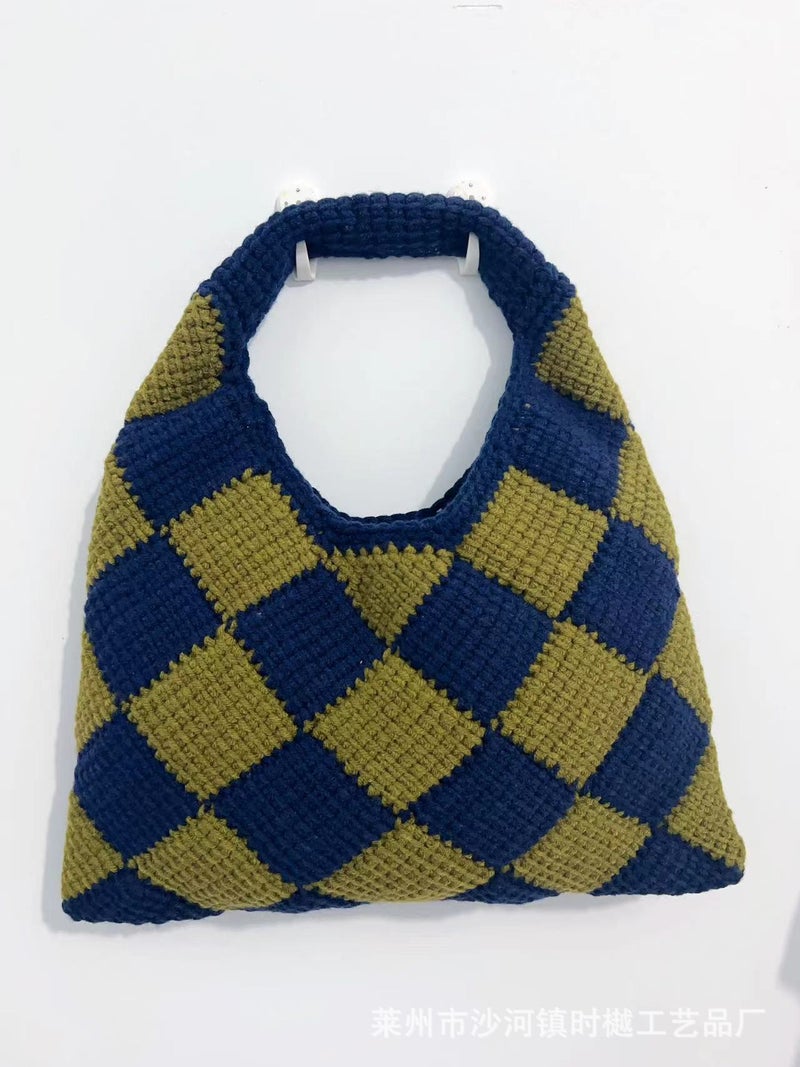 Versatile Knitted Bag Woven Bag Rhombus Wool Bag Woolen Crochet Bag Handbag Hand Bag Bag For Women - Image 1