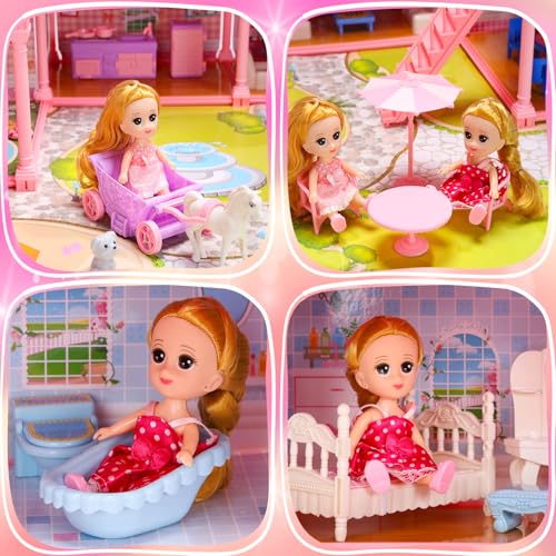 CUTE STONE 11 Rooms Huge Dollhouse with 2 Dolls and Colorful Light, 31" x 28" x 27" Dream House Doll House Dreamhouse Gift for Girls - Image 5