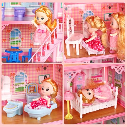 CUTE STONE 11 Rooms Huge Dollhouse with 2 Dolls and Colorful Light, 31" x 28" x 27" Dream House Doll House Dreamhouse Gift for Girls - Image 3