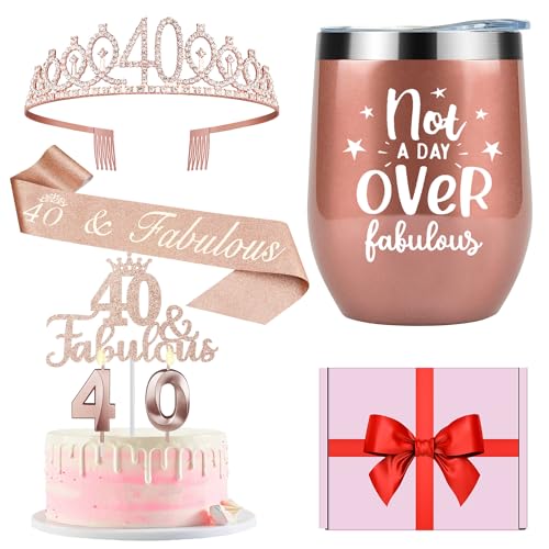 40th Birthday Decorations Gifts for Women Including Crown Sash Cake Topper Candles and 12oz Wine Tumbler with Lid 40th Birthday Gifts Women