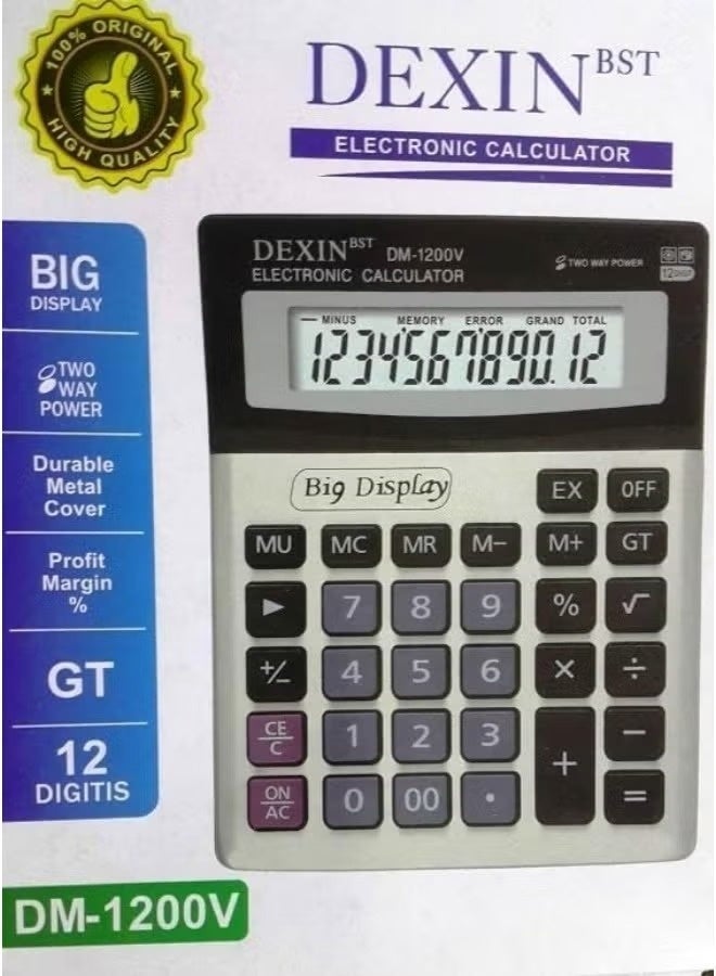 ديكسين آلة حاسبة ديكسين 1200 / تعمل بالطاقة الشمسية والحجر / شاشة فائقة الوضوح / أرقام كبيرة / هيكل معدني قوي / 12 رقمًا / آلة حاسبة إلكترونية من ديكسين - Image 2