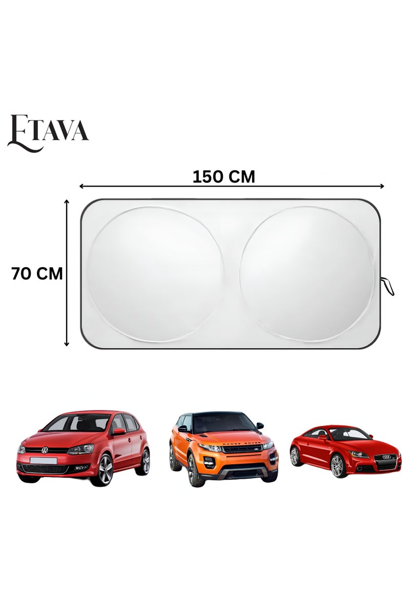 إيتافا واقي شمس للزجاج الأمامي للسيارة مع حقيبة تخزين، مقاس 150×70 سم – شاشة قابلة للطي للحماية من الحرارة والأشعة فوق البنفسجية – بلون أبيض وفضي عاكس للسيارات - Image 3
