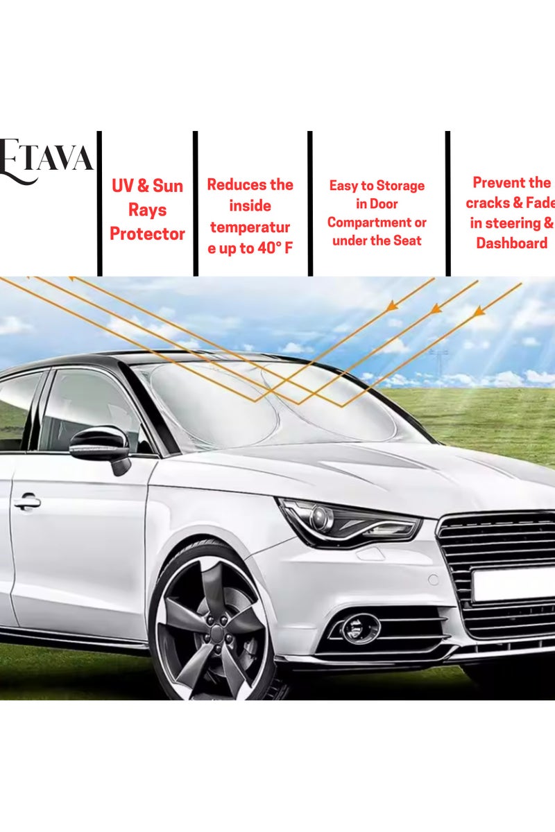 إيتافا واقي شمس للزجاج الأمامي للسيارة مع حقيبة تخزين، مقاس 150×70 سم – شاشة قابلة للطي للحماية من الحرارة والأشعة فوق البنفسجية – بلون أبيض وفضي عاكس للسيارات - Image 4