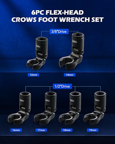 Orion Motor Tech Crows Foot Wrench Set, 6pc Flex Head Crows Foot Line Wrench Set with 1/2" & 3/8" Drive, Metric Crowfoot Wrenches for 12 14 16 17 18 19 mm Nuts with 180° Flexible Head Storage Case - Image 3