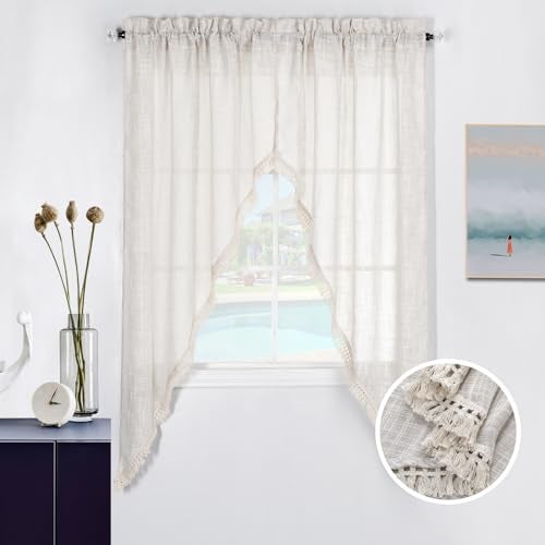 BD BEDA HOME Beda Home Tassel Linen Textured Swag Curtain Valance for Farmhouses’ Kitchen; Light Filtering Rustic Short Swag Topper for Small Windows Bedroom Privacy Added Rod Pocket Design(Nature 36x63-2PCs) - Image 1