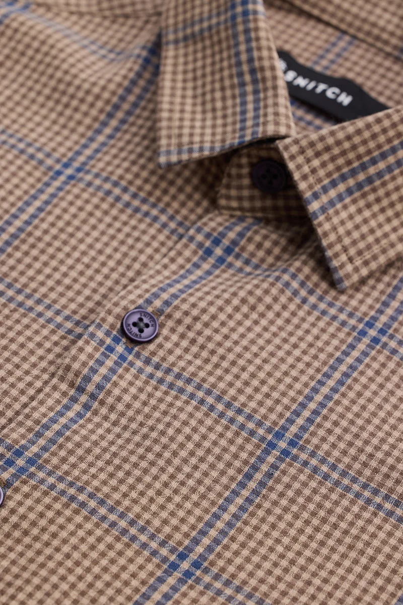 SNITCH Brown Checkered Long Sleeve Slim Fit Casual Shirt