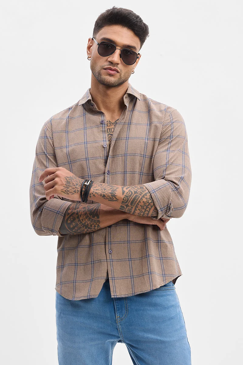 SNITCH Brown Checkered Long Sleeve Slim Fit Casual Shirt
