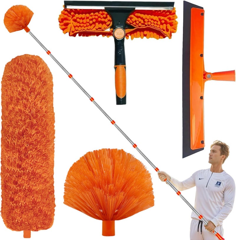 Tonmp 15 Foot High Reach Duster Kit with 2-14 ft Extension Pole // High Ceiling Dusting and Window Cleaning Kit with Telescopic Pole - Window Washer & Squeegee, Cobweb Duster, Fan Blade and Feather Dusters Global assemble options - Image 1
