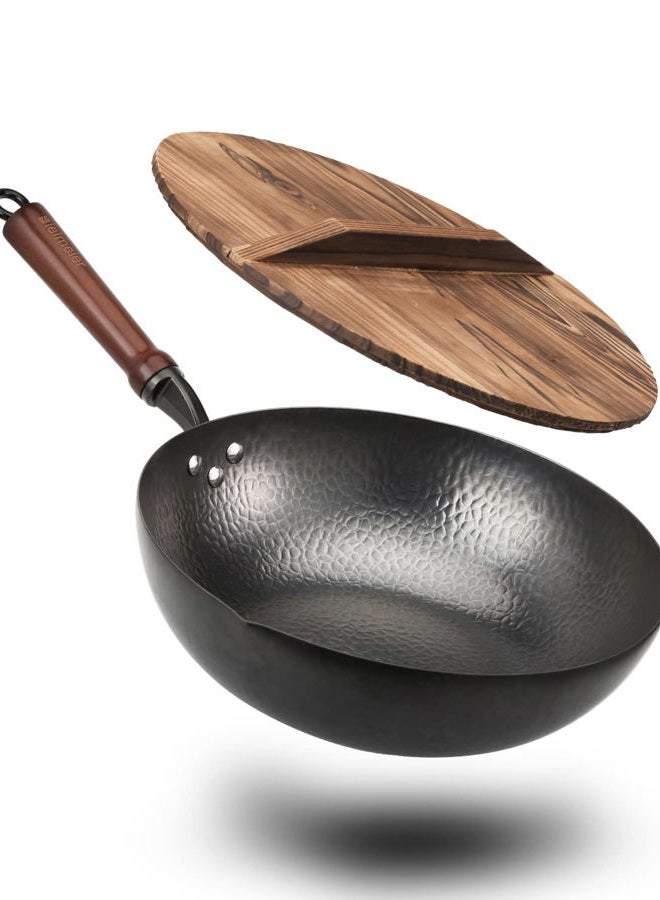 BIELMEIER 12.5" Wok Pan - Carbon Steel Flat Bottom Wok with Lid, Suits All Stoves - Image 1