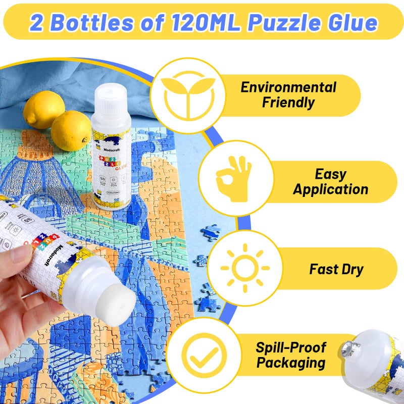 Modacraft 2 Pack 120ml Jigsaw Puzzle Glue with New Sponge Head, Suitable for 1000/3000/5000 Pieces of Paper and Wood Puzzle, Clear Water-Soluble Quick Dry Jigsaw Puzzle Glue, 240ml in Total - Image 2
