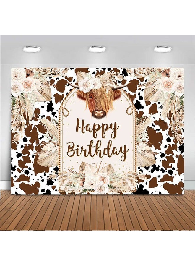 Mocsicka خلفية عيد ميلاد الأبقار السعيدة بقرة هايلاند بني عشب بامباس خلفية تصوير بوهو مزرعة زينة عيد ميلاد الأبقار طاولة كعكة لقطات خلفية (7x5 قدم) - Image 1
