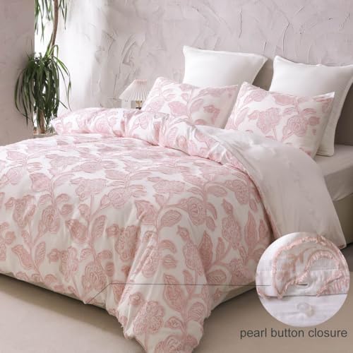 meadow park Cotton Clipped Jacquard Duvet Cover Set King, 3 Pieces Jacobean Floral Bedding Set (Pink, King) - Image 2