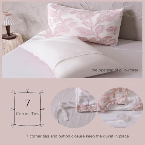 meadow park Cotton Clipped Jacquard Duvet Cover Set King, 3 Pieces Jacobean Floral Bedding Set (Pink, King) - Image 4
