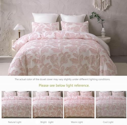 meadow park Cotton Clipped Jacquard Duvet Cover Set King, 3 Pieces Jacobean Floral Bedding Set (Pink, King) - Image 5
