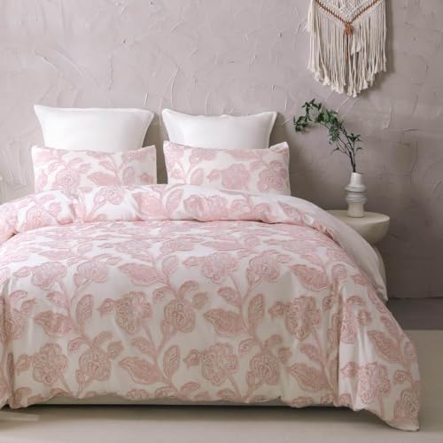 meadow park Cotton Clipped Jacquard Duvet Cover Set King, 3 Pieces Jacobean Floral Bedding Set (Pink, King) - Image 1
