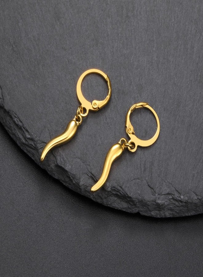 VASSAGO Lucky Amulet Italian Horn Dangle Earrings for Women Stainless Steel Cornicello Drop Earrings (gold hoop earrings) - Image 3