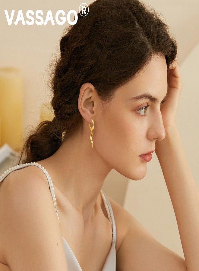 VASSAGO Lucky Amulet Italian Horn Dangle Earrings for Women Stainless Steel Cornicello Drop Earrings (gold hoop earrings) - Image 2