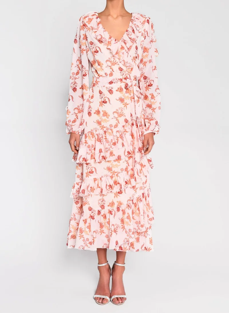 True Decadence True Decadence Peach Orange Floral Wrap Midi Dress