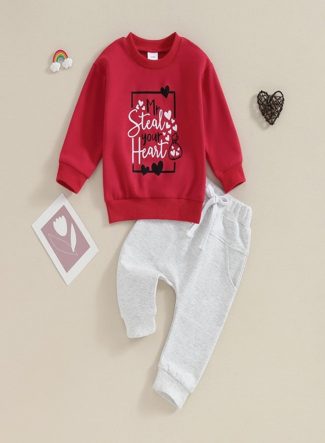 BeQeuewll Fall Winter Toddler Baby Boy Clothes 2Pcs Color Block Crewneck Sweatshirt and Pants Sweatsuit Little Boy Clothing, Steal Heart-red, 12-18 months - Image 2