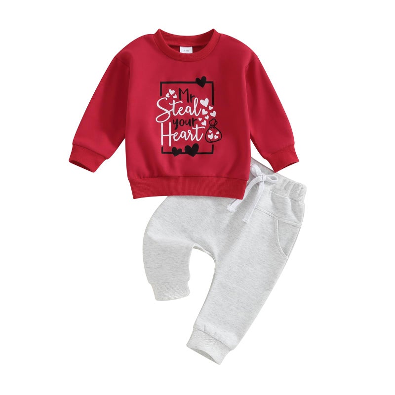 BeQeuewll Fall Winter Toddler Baby Boy Clothes 2Pcs Color Block Crewneck Sweatshirt and Pants Sweatsuit Little Boy Clothing, Steal Heart-red, 12-18 months - Image 1