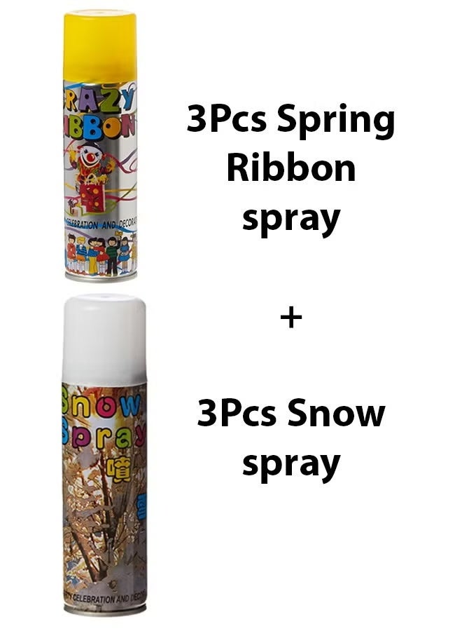 Party Spray Colored String Crazy Ribbon Spray and White Snow Spay Pack of 6pcs for Party Celebrations and Decorations