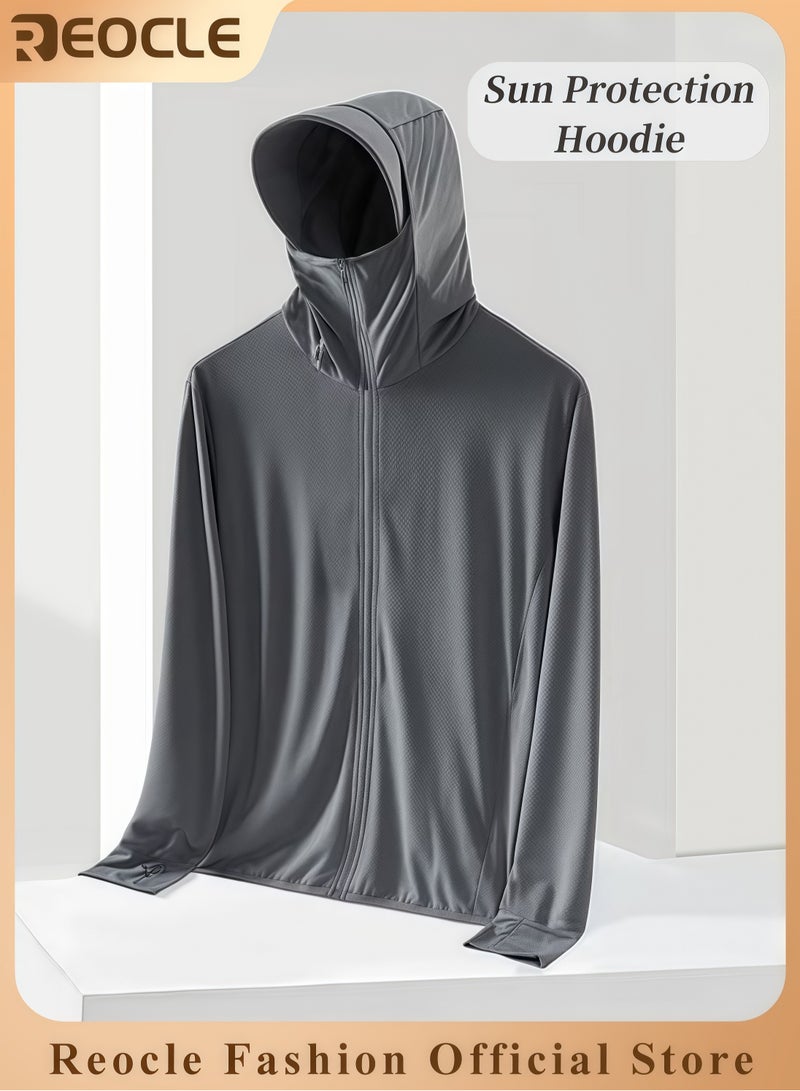 REOCLE Men's Lightweight Sun Protection Clothing Long-sleeved Ice Silk Hooded Shirts Anti-UV Fishing Outdoor Clothes for Men - Image 1