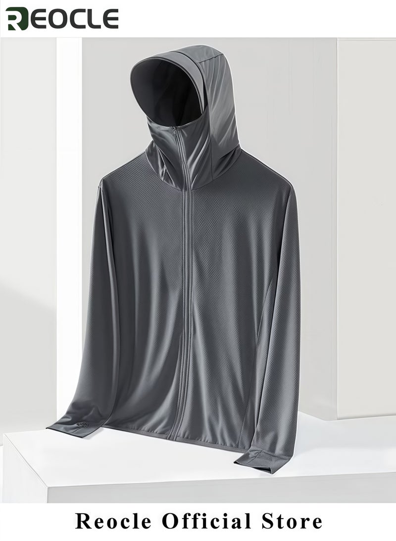 REOCLE Men's Lightweight Sun Protection Clothing Long-sleeved Ice Silk Hooded Shirts Anti-UV Fishing Outdoor Clothes for Men - Image 5