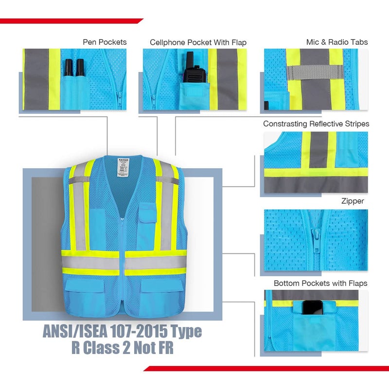 Kaygo High Visibility Safety Vests Kg0100, Reflective Vest With Pockets And Zipper (Light Blue,Medium) - Image 2