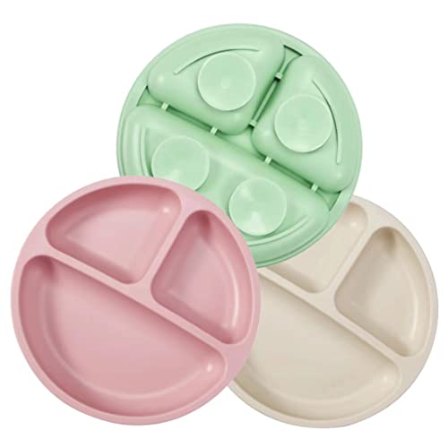 PandaEar 3 Pack Toddler Plates Silicone Divided Suction Plate for Babies BPAFree 100 FoodGrade Silicone Unbreakable Baby Plate PinkGreenCream - Image 1