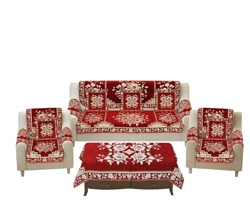 Dazzling DECOR 3+2 Seater Sofa Cover Set with Cushion Covers, Arm Covers & Table Cover | 5 Seater Stretchable Elastic Slipcover | Anti-Slip Washable Couch Cover for Living Room (Maroon) - Image 2