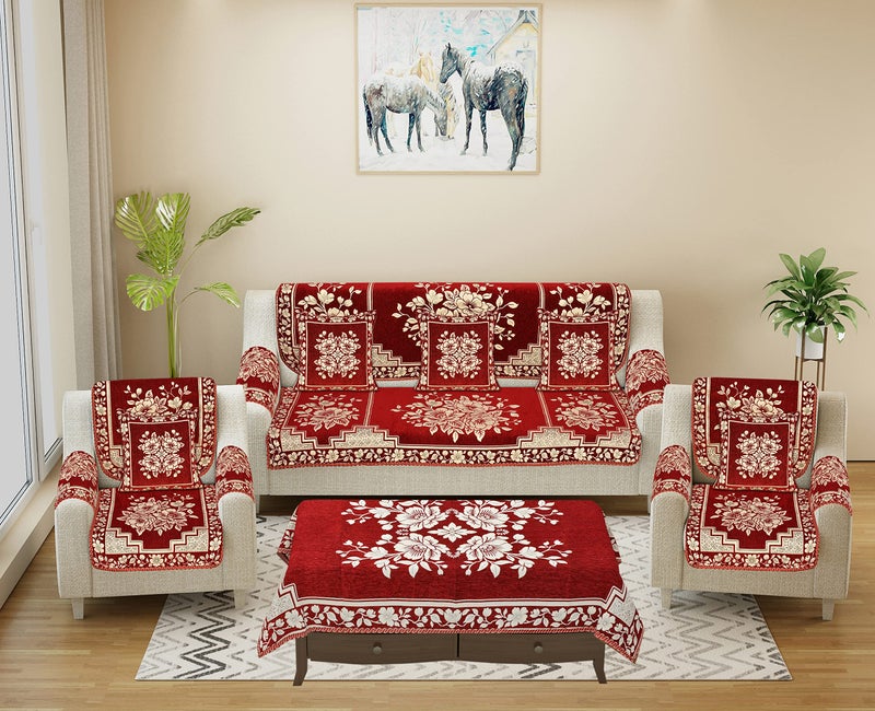 Dazzling DECOR 3+2 Seater Sofa Cover Set with Cushion Covers, Arm Covers & Table Cover | 5 Seater Stretchable Elastic Slipcover | Anti-Slip Washable Couch Cover for Living Room (Maroon) - Image 1