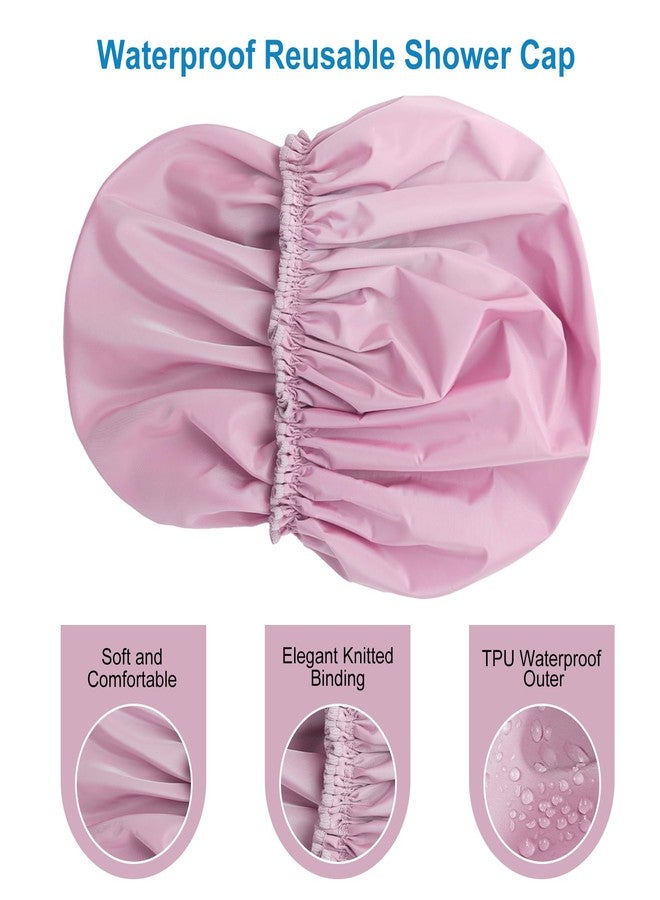 CHFONG Shower Cap for Women, Double Layer Waterproof Bath Cap, Reusable Hair Protector, Large Waterproof Shower Bonnet Washable Elastic Band Bath Hair Hat for Long Hair, Braids， - Purple - Image 5