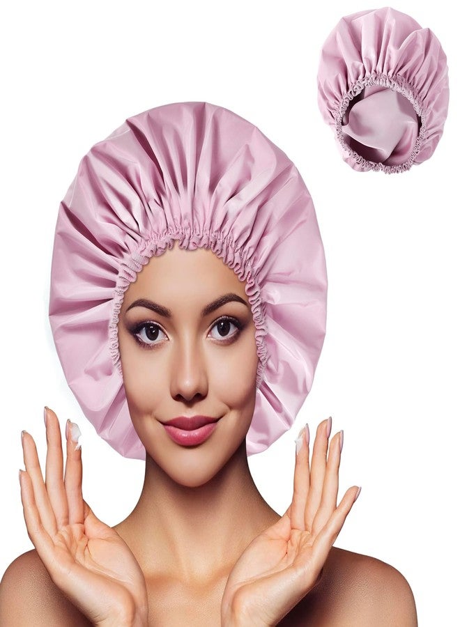 CHFONG Shower Cap for Women, Double Layer Waterproof Bath Cap, Reusable Hair Protector, Large Waterproof Shower Bonnet Washable Elastic Band Bath Hair Hat for Long Hair, Braids， - Purple - Image 2