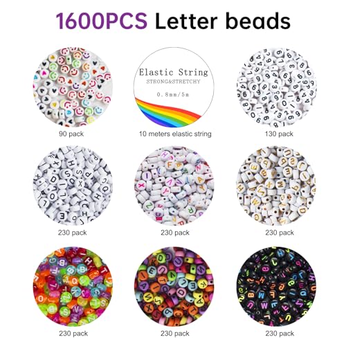 Redtwo 1600 Pcs Letter Beads Kit, 6 Styles of Colorful Alphabet Beads for Bracelet, Number Smiley Face Beads Heart Beads and a Roll of Elastic String for Friendship Bracelet Kit. - Image 5