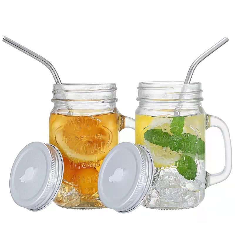YSJILIDE Smoothie Cup with Lid and Straw Iced Coffee Cup Reusable Mason Jar Cups Mason Jar Drinking Glasses for Juice Coffee Milkshake Mason Jars with Handle Set of 2 WHTIE