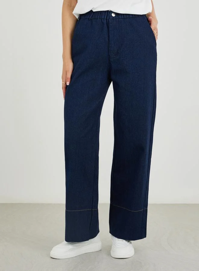 تايك تو Take Two Solid Wide Leg Elastic Waistband Jeans