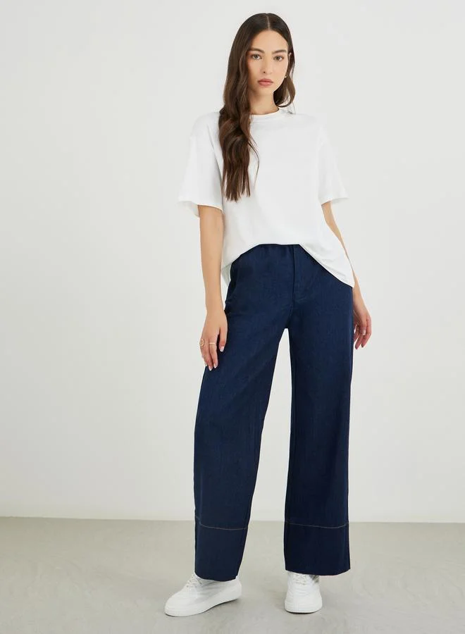 تايك تو Take Two Solid Wide Leg Elastic Waistband Jeans