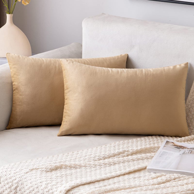 EMEMA Pack of 2 Velvet Throw Pillow Covers Decorative Rectangle Pillowcase Soft Solid Cushion Case for Sofa Bedroom Chair Car 12x20 Inch Khaki - Image 1