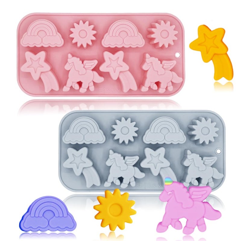 BENEKIY 2 Pack Unicorn Molds Silicone 8 Cavity 3D Flying Unicorn Themed Baking Mould Tray with Cartoon Rainbow Meteors Sun for Kids' Party Chocolate Cake Topper Dessert Mousse Pastry Handmade Soap Crayons - Image 1