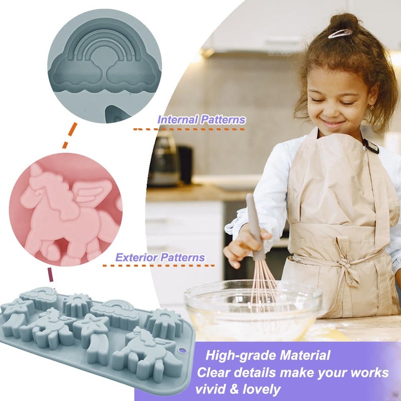 BENEKIY 2 Pack Unicorn Molds Silicone 8 Cavity 3D Flying Unicorn Themed Baking Mould Tray with Cartoon Rainbow Meteors Sun for Kids' Party Chocolate Cake Topper Dessert Mousse Pastry Handmade Soap Crayons - Image 3