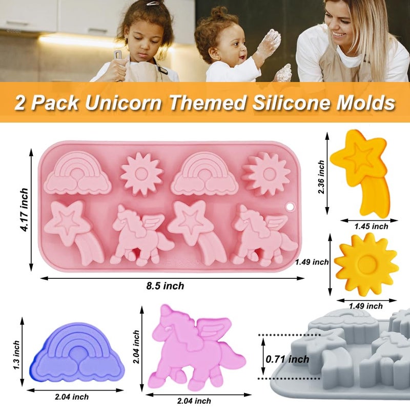 BENEKIY 2 Pack Unicorn Molds Silicone 8 Cavity 3D Flying Unicorn Themed Baking Mould Tray with Cartoon Rainbow Meteors Sun for Kids' Party Chocolate Cake Topper Dessert Mousse Pastry Handmade Soap Crayons - Image 2