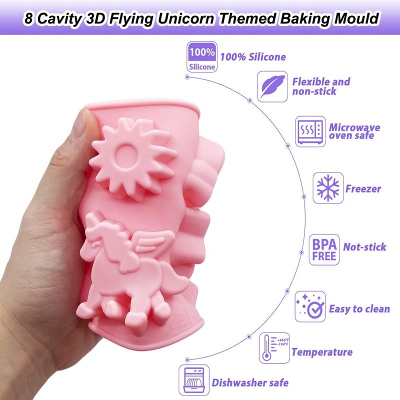 BENEKIY 2 Pack Unicorn Molds Silicone 8 Cavity 3D Flying Unicorn Themed Baking Mould Tray with Cartoon Rainbow Meteors Sun for Kids' Party Chocolate Cake Topper Dessert Mousse Pastry Handmade Soap Crayons - Image 4