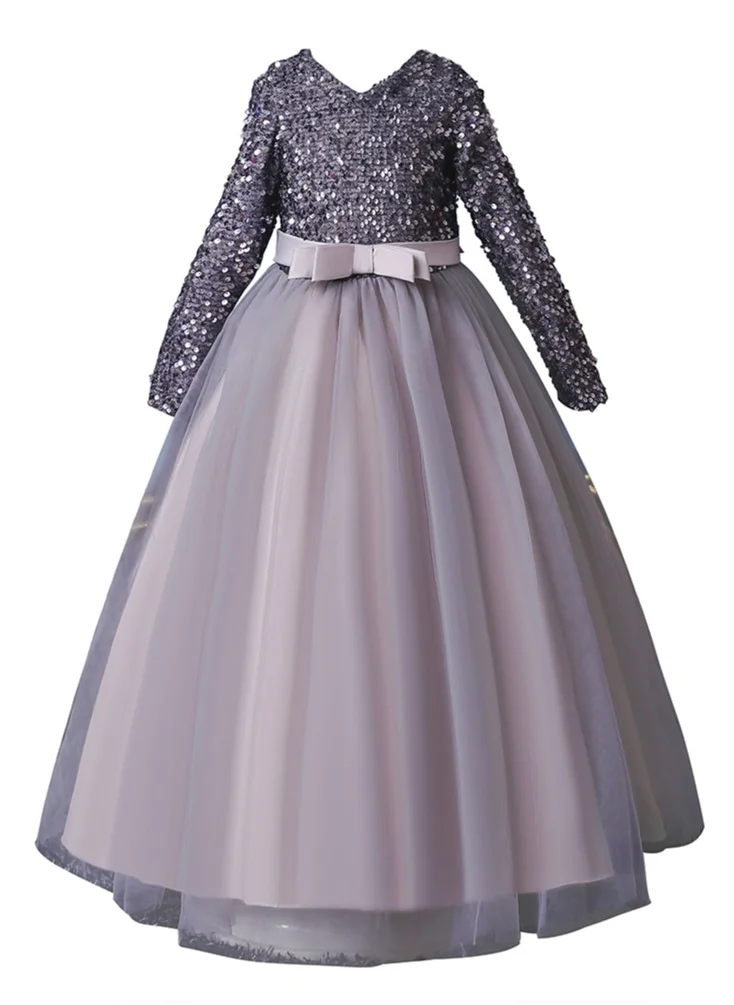 D'Daniela D' Daniela - Girls Long sleeve maxi sequined Party Dress Grey