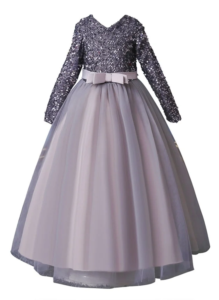دىدانيالا D' Daniela - Girls Long sleeve maxi sequined Party Dress Grey