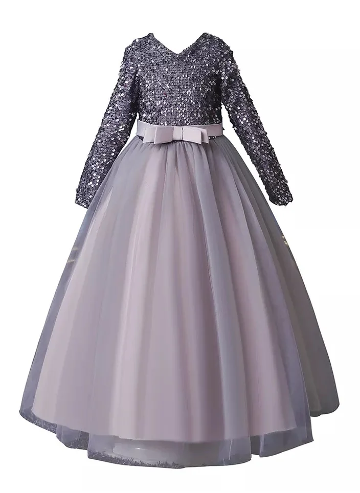 دىدانيالا D' Daniela - Girls Long sleeve maxi sequined Party Dress Grey