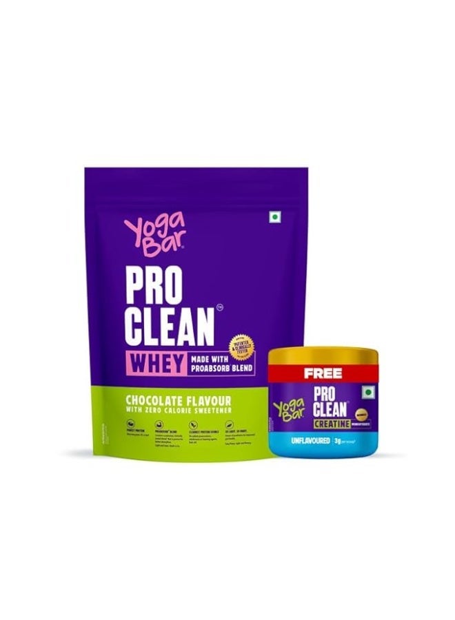 Yogabar ﻿Yogabar Pro Clean Whey Protein Chocolate with Zero Calorie Sweetener | 25g Protein per Serve | Made with ProAbsorb Blend | 907g + Free Pro Clean Creatine 100g | Unflavoured Monohydrate - Image 1